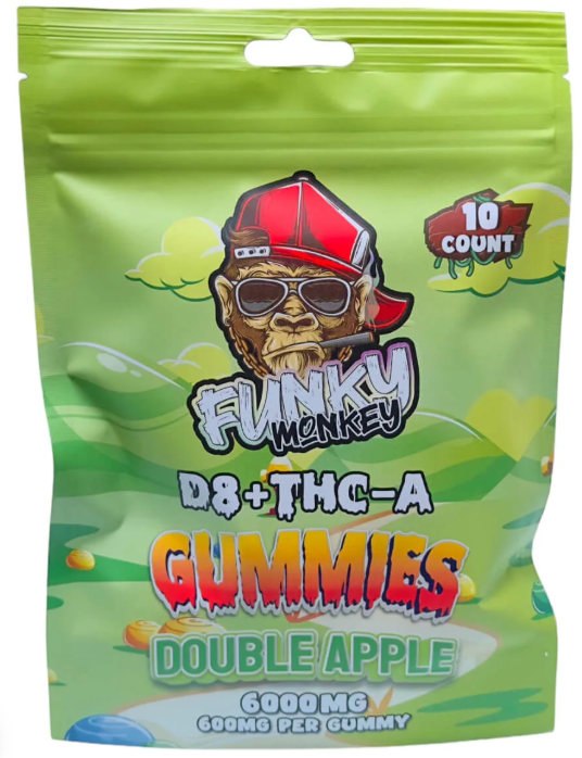 Funky Monkey - Delta 8 + THC-A Gummies - 6000 MG - Double Apple - 10 Gummies (600MG Each)