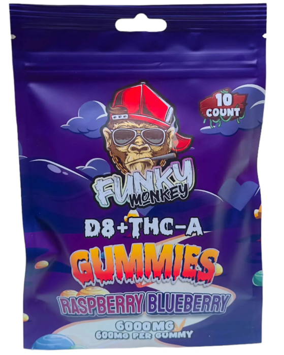 Funky Monkey - Delta 8 + THC-A Gummies - 6000 MG - Raspberry Blueberry - 10 Gummies (600MG Each)