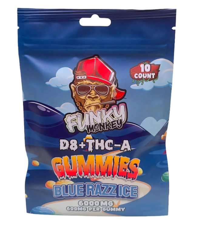 Funky Monkey - Delta 8 + THC-A Gummies - 6000 MG - Blue Razz Ice - 10 Gummies