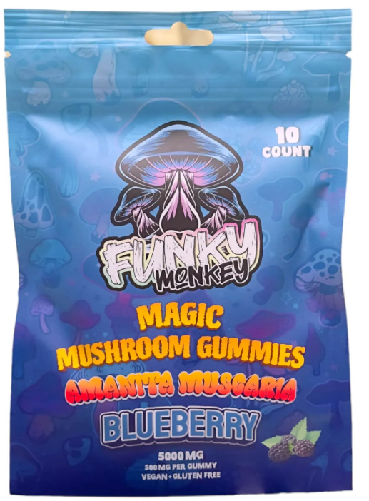 Funky Monkey - Amanita Muscaria - Magic Mushroom Gummies - 5000 MG - Blueberry - 10 Gummies (500MG Each)