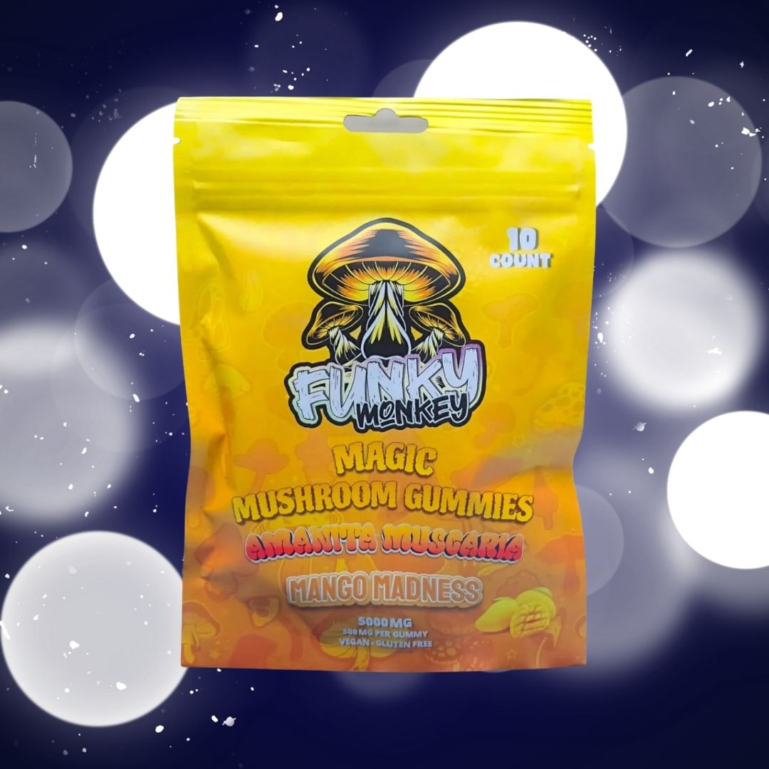 Funky Monkey - Amanita Muscaria - Magic Mushroom Gummies - 5000 MG - Mango Madness - 10 Gummies (500MG Each)
