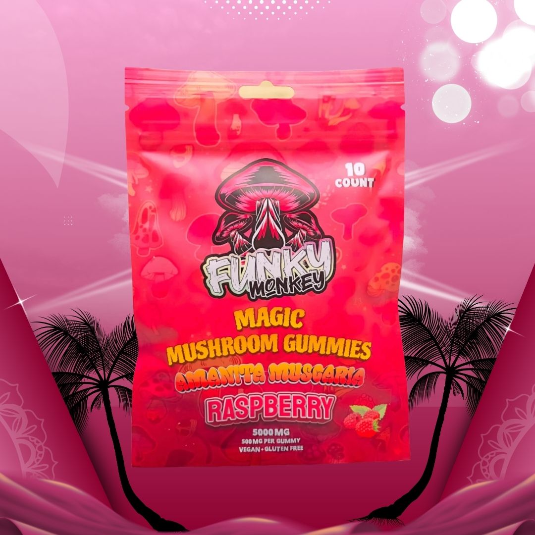 Funky Monkey - Amanita Muscaria - Magic Mushroom Gummies - 5000 MG - Raspberry - 10 Gummies (500MG Each)