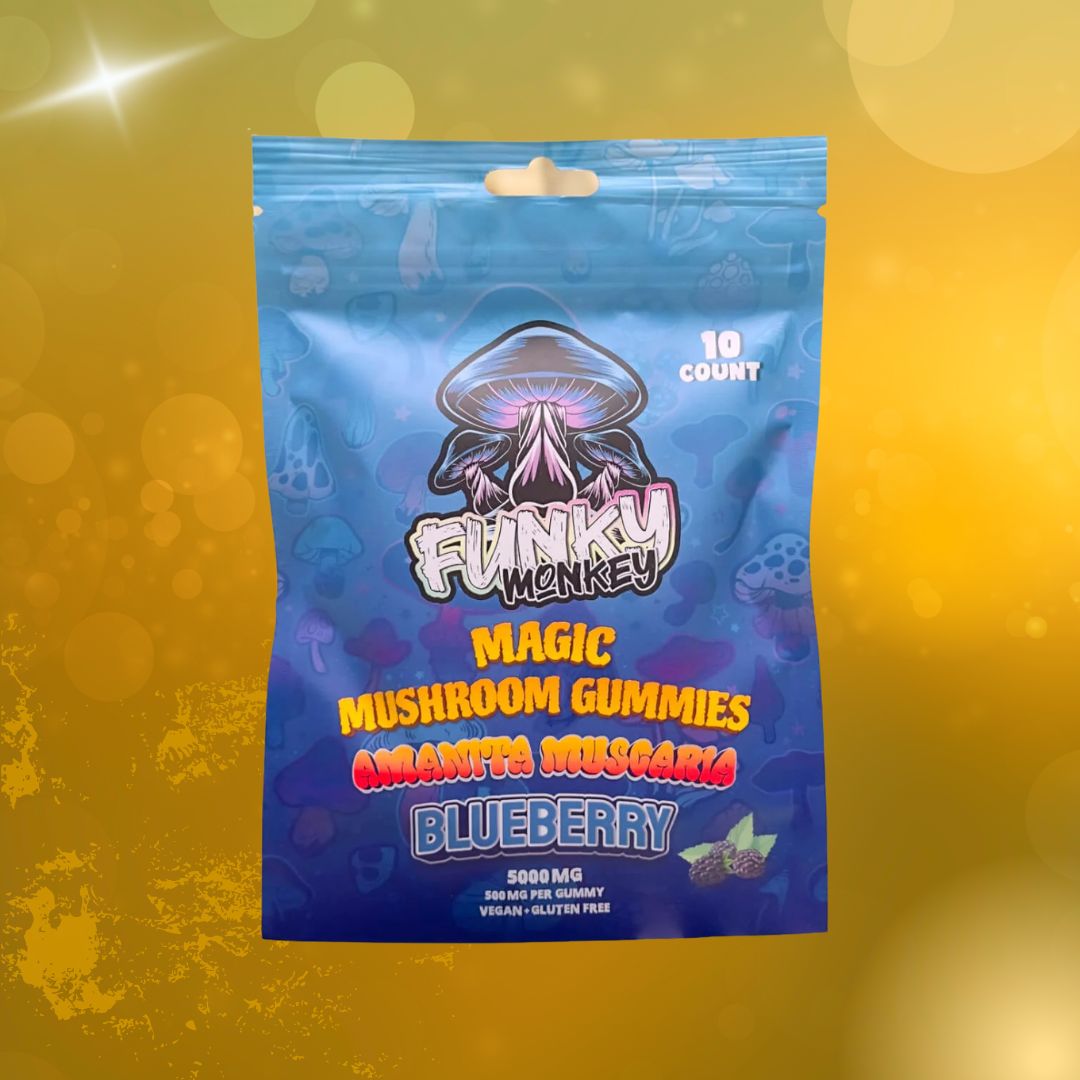 Funky Monkey - Amanita Muscaria - Magic Mushroom Gummies - 5000 MG - Blueberry - 10 Gummies (500MG Each)
